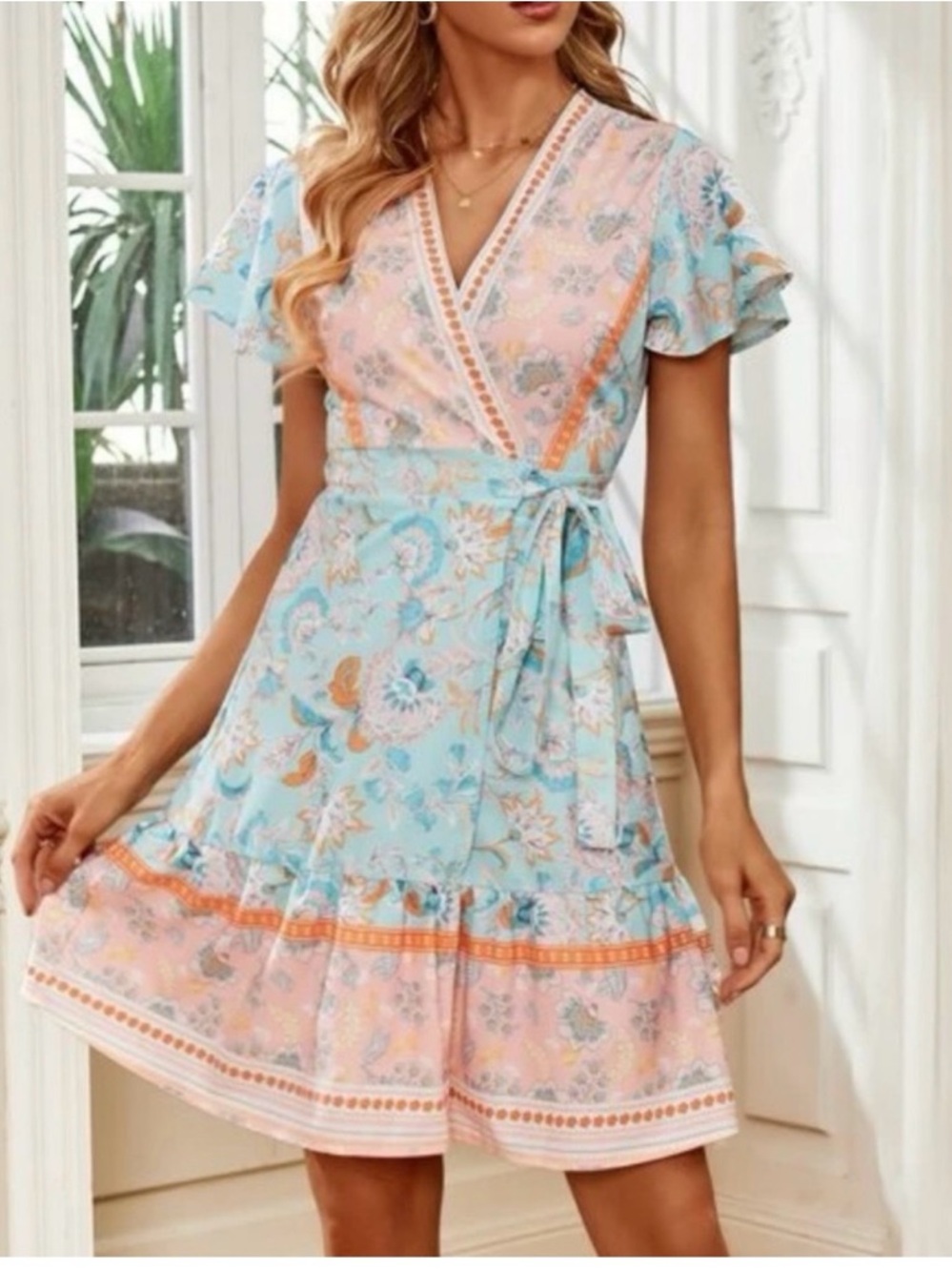 Floral Wrap Mini Dress in Pastel Blue and Pink